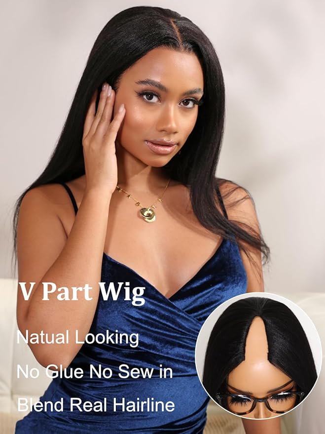 YIROO V Part Wig Yaki Straight Human Hair Wigs for Black Women Upgrade Upart Wig No Leave Out 12A Glueless Kinky Straight 18 Inch