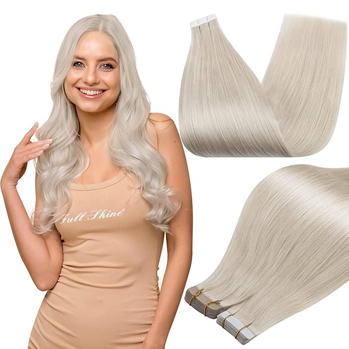 Full Shine Tape In Hair Extensions Color 1000 Ice Blonde Remy Real Human Hair Extensions Tape in Double Sided Tapes Silky Straight Extension Seamless Skin Weft 20 Inch 50 Grams 20Pcs