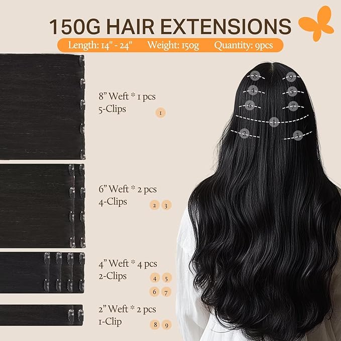 DOORES Clip in Human Hair Extensions, Natural Black 150g 9pcs 14 Inch, Remy Hair Extensions Clip in Thick Straight Real Weft for Women Natural Thick Straight Weft