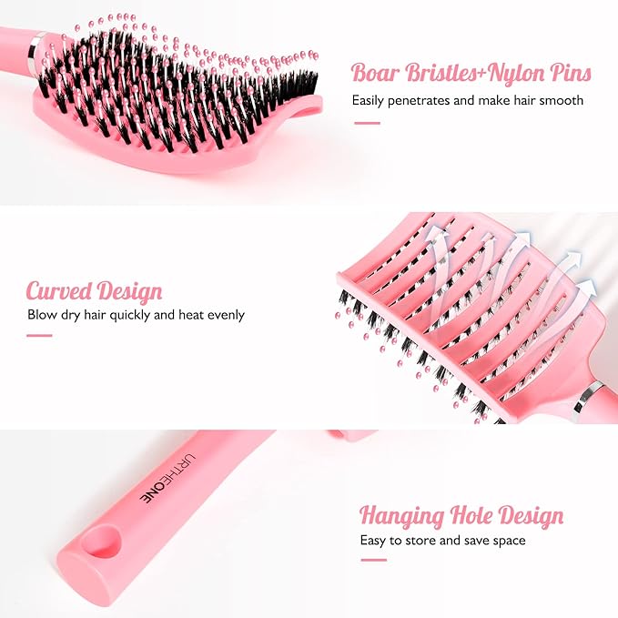 URTHEONE Hair Brush,Detangling Hairbrush Boar Bristle Hair Brushes for Women Men Kids Curly Thick Long Short Wet or Dry Hair, Curved Vented Detangler Brush for Faster Blow Drying (Pink)