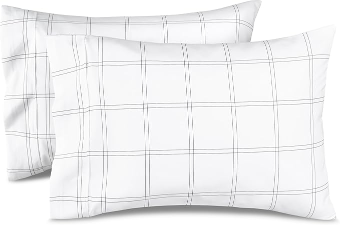 Bare Home Microfiber Pillow Cases - King Size Set of 2 - Cooling Pillowcases - Double Brushed - Pillowcases 2 Pack - Easy Care (King, Modern Plaid - White/Grey)