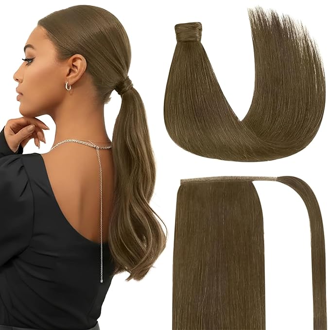 Ve Sunny Hair Extensions Ponytail Real Human Hair Wrap Around Clip in Ponytail Hair Extensions Straight Extensions Human Hair for Women Light Ash Brown 20inch 80G