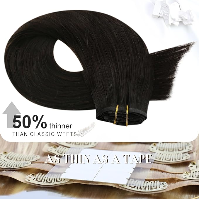 Moresoo Brown Seamless Clip in Hair Extensions Real Human Hair Straight Clip in Human Hair Extensions Dark Brown Double Weft 120g/7pcs 20 inch