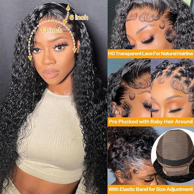 Deep Wave Lace Front Wigs Human Hair 200% Density 13x6 HD Transparent Frontal Wigs Human Hair for Women Deep Curly Glueless Wigs Human Hair Pre Plucked with Baby Hair Natural Black (36Inch)