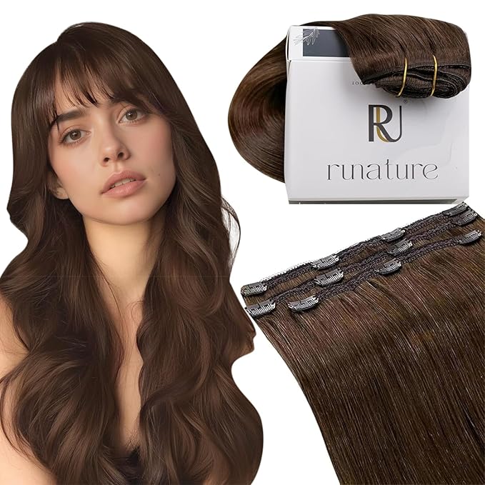 RUNATURE Clip in Hair Extensions Real Human Hair, Brown Hair Extensions Clip Ins Straight, Remy Human Hair Clip in Extensions, Natural Looking For Daily Wearing, 14 Inch 50g 3pcs #4 Medium Brown