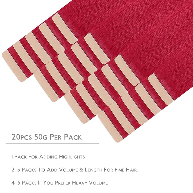 WENNALIFE Tape in Hair Extensions Human Hair, 20pcs 50g 20 inch Red Remy Hair Extensions Straight Human Hair Tape in Extensions Skin Weft Tape Extensions Human Hair