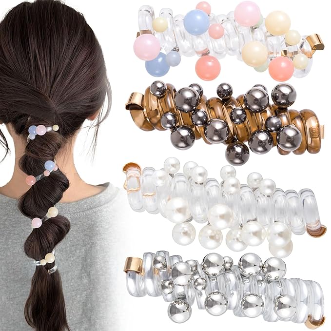 4PCS Bead Spiral Hair Ties, No Crease Pearl Bead Phone Cord Ponytail Holders for Women, Elastic Rubber Hair Coils, Vintage Hair Bands Accessories for Party, Daily Use - 4 Colors