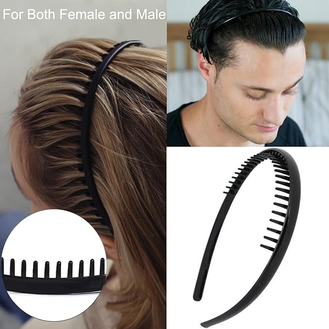 LAPOHI 10 PCS Non Slip Fashion Effortless Plastic Headbands with Teeth Comb Skinny Hair Bands for Women Men Teen Girls, Short Teeth Matte Black