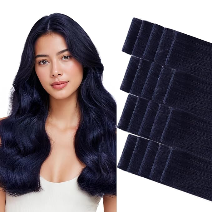 GOO GOO Invisi Edge Tape in Hair Extensions Human Hair, 1G Midnight Black, 20pcs 16inch 50g, Virgin Remy Hair, Seamless Injected Tape, Natural Look