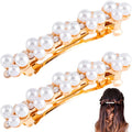 2 Pcs Pearl Rhinestone Hair Clips, Pearl-Embellished Barrette, Elegant Pearls Barrettes for Women, Party, Wedding, Daily Use, Graduation (Gold)