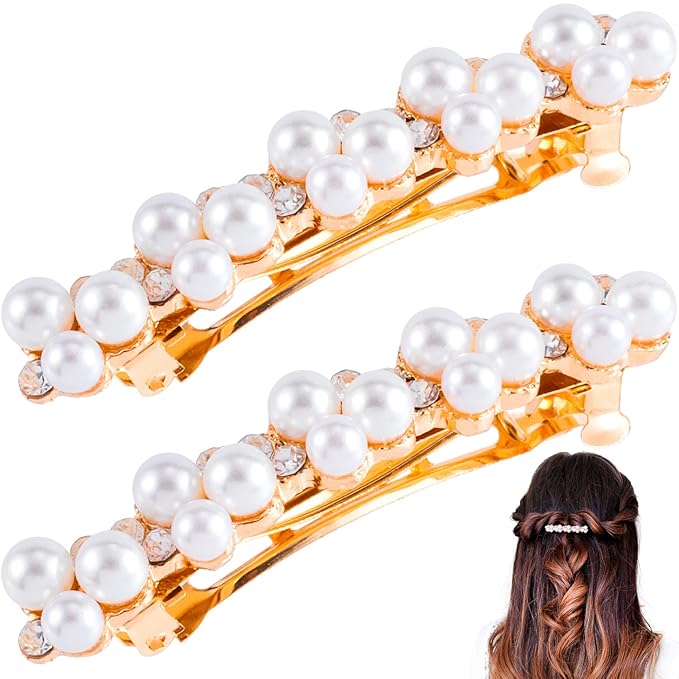 2 Pcs Pearl Rhinestone Hair Clips, Pearl-Embellished Barrette, Elegant Pearls Barrettes for Women, Party, Wedding, Daily Use, Graduation (Gold)