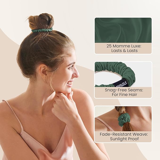 THXSILK 100% Mulberry Silk Scrunchies 3-Pack, 25 Momme Mulberry Silk Hair Ties for Women, Sleek Low Profile No Damage Ponytail Holders, for Fine Hair & Everyday Use, Emerald Green