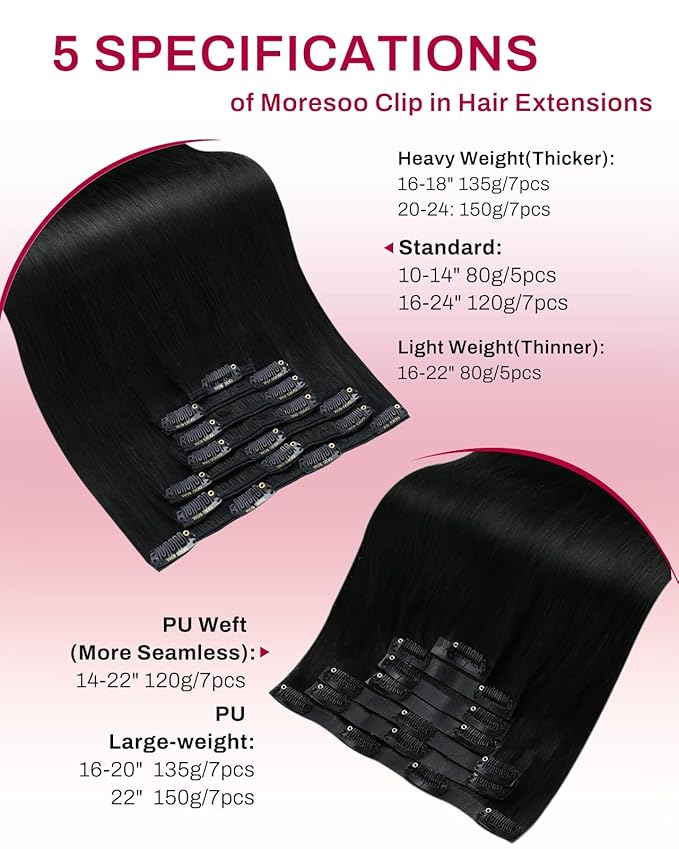 Moresoo Seamless Clip in Hair Extensions Human Hair Black PU Weft Seamless Human Hair Clip in Extensions Jet Black #1 Full Head 20inch 7pcs 120G
