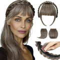 SARLA Braided Headband with 3 Detachable Clip in Bangs Fringe Hairpieces Fake Synthetic Hair Band Bangs for Women Middle Grey