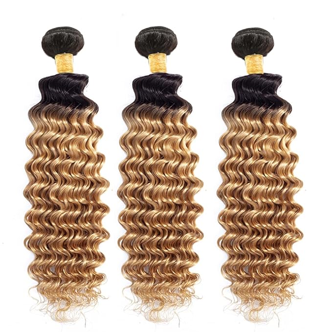 Ombre Blonde Bundles Human Hair 1b27 Deep Wave Bundles 26 28 30 Inch Brazilian Virgin Soft and Silky Remy Hair Extensions 2 Tone Black and Honey Blonde Deep Wave Bundle 150g