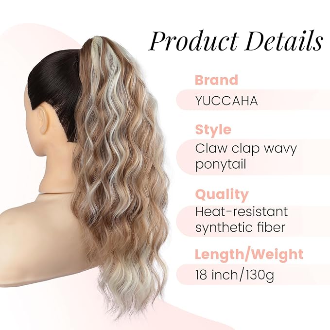 Claw Clip Ponytail Extension 18" for Women Wavy Pony Tail Clip in Hair Extensions Fluffy Natural Looking Synthetic Hairpiece for Daily Use (Honey Gold Mixed Light Blonde)
