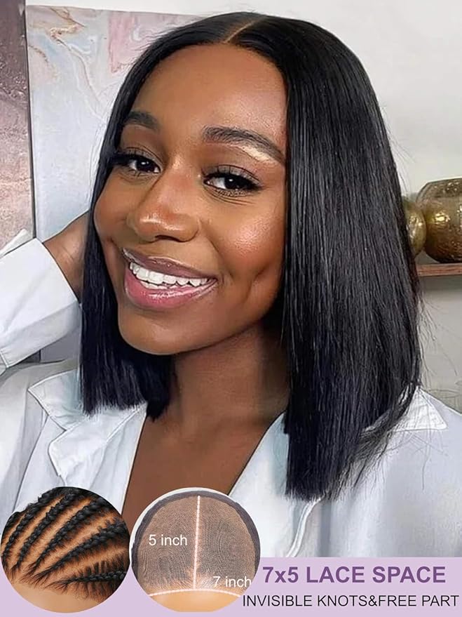 YIROO Bye Bye Knots 7x5 Lace Straight Bob Wig Glueless Human Hair Wig with Elastic Drawstring,Pre Plucked Pre Cut Short Bob Lace Closure Wig Wear and Go Natural Color 150% Density 14Inch