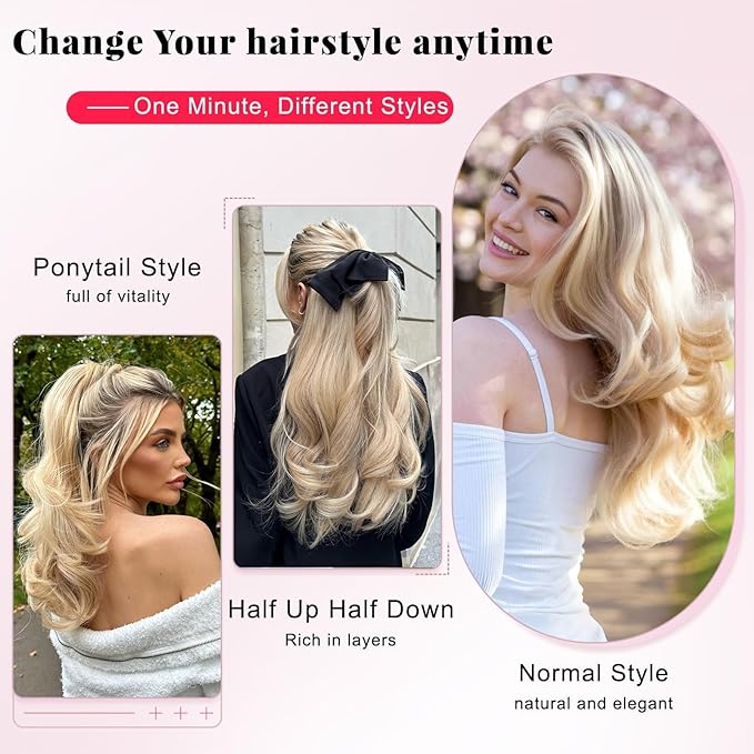 ALXNAN Long Wavy Hair Extensions for Women, Clip in Hair Extensions Clip Ins Soft Full Head Synthetic Hairpieces 20 Inch Platinum Blonde