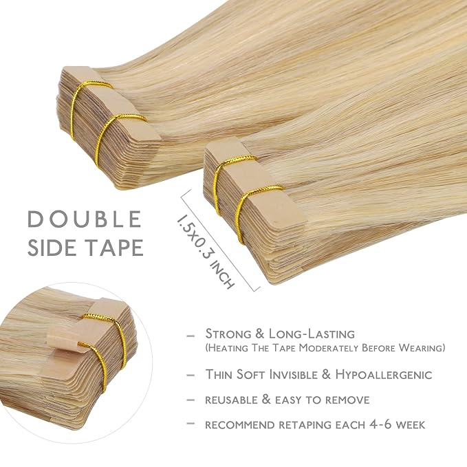 WENNALIFE Tape in Hair Extensions Human Hair, 20pcs 30g 10 inch Light Blonde Highlighted Golden Blonde Remy Hair Extensions Straight Human Hair Tape in Extensions Skin Weft Tape Extensions Human Hair