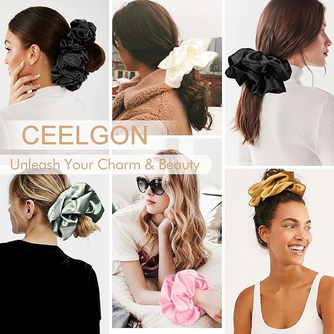 9.5 inch Silk Scrunchies - Jumbo & Giant Satin Scrunchies - Thick Elastic Fluffy Hair Ties for Women & Girls - 3 Pack (Black, Pink, Ivory)