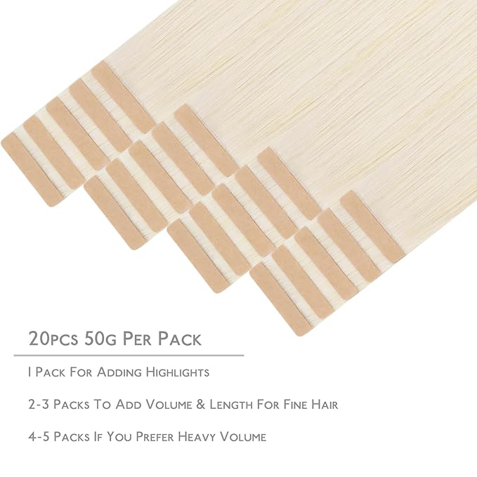 WENNALIFE Tape in Hair Extensions Human Hair, 20pcs 60g 26 inch White Blonde Remy Hair Extensions Straight Human Hair Tape in Extensions Skin Weft Tape Extensions Human Hair