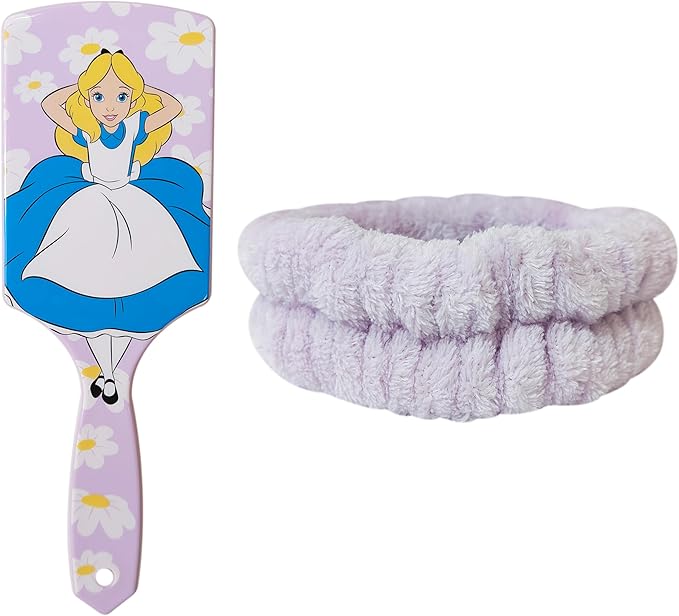 LUV HER Kids Hair Brush & Spa Headband Set for Girls - Features Disney Alice in Wonderland - Fun Grooming Kit for Detangling, Styling & Skincare - Soft & Stretchy One Size, Ages 3+