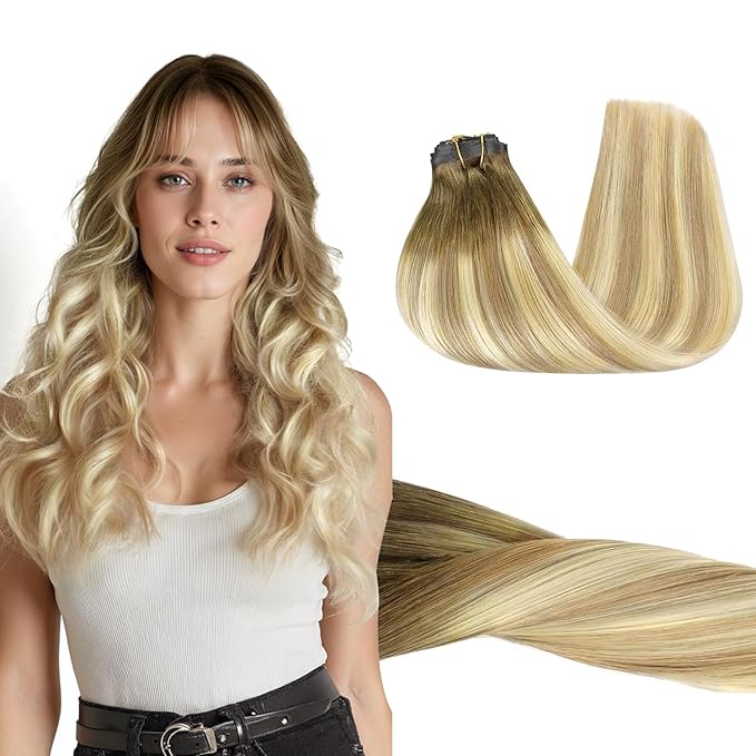 GOO GOO Clip in Hair Extensions Real Human Hair, Remy Human Hair Extensions Clip ins for Women, Natural Human Hair, 14inch 110g 7Pcs, 5A/90/16F Bahamian Balayage