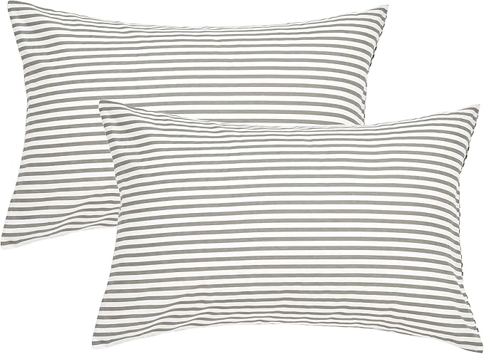 JELLYMONI 100% Natural Cotton Striped Queen Pillowcases Set, 2 Pack White and Grey Stripes Pattern Printed Pillow Covers with Envelope Closure(Pillows are not Included)