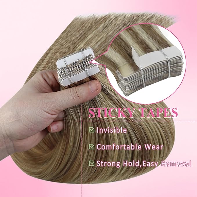 YoungSee Human Hair Tape in Extensions Highlight Invisible Tape in Brown Hair Extensions Softness Tapes Remy Hair Extension Human Hair Light Brown Highlighted Blonde 14Inch 20pcs 50g