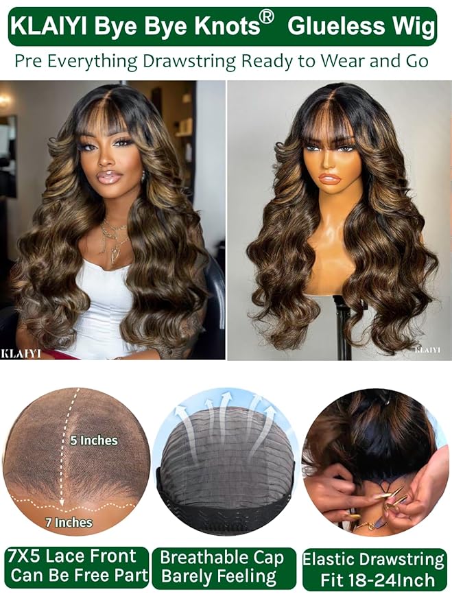 KLAIYI Ombre Brown Loose Body Wave Bye Bye Knots Glueless Precut 7x5 HD Lace Front Human Hair Bang Wig Drawstring Highlight Balayage Brown Pre Plucked Bleached 30S Ready to Wear and Go Wig 180% 20Inch