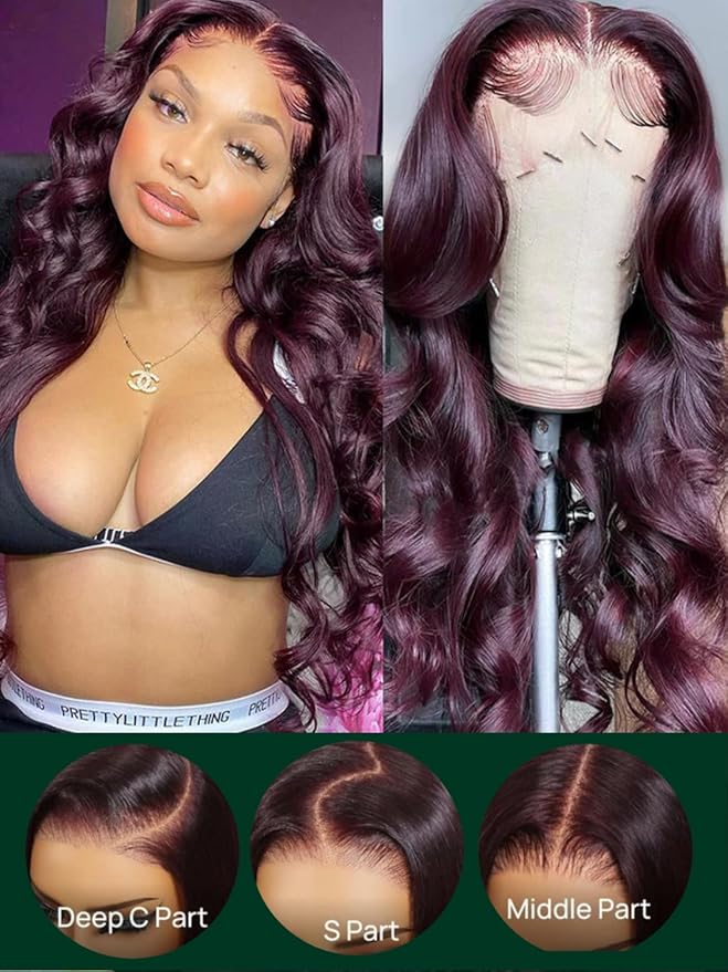 KLAIYI Black Cherry Loose Body Wave Pre Eeverything 13x4 Lace Frontal Wigs Human Hair Bye Bye Knots Glueless Ready to Wear and Go Wig with Face Framing Bangs Drawstring Pre Plucked Burgundy Wig 24Inch