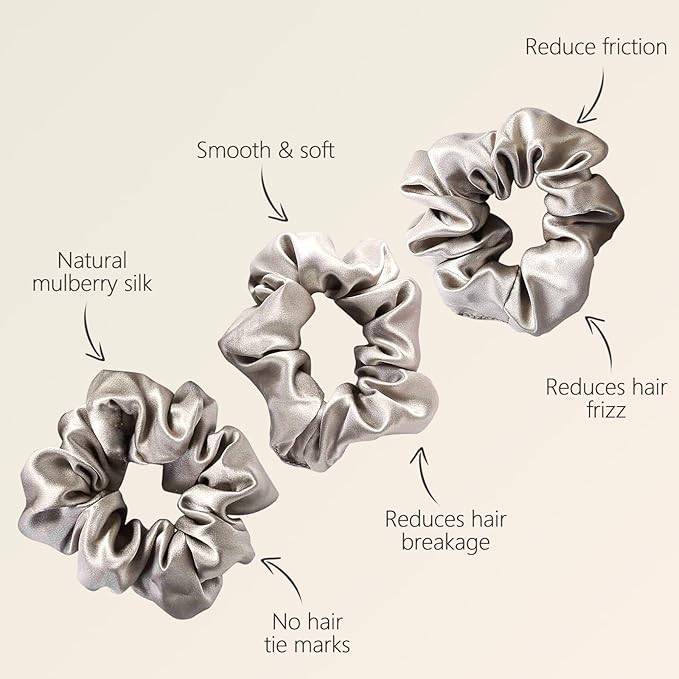 ZIMASILK 100% Mulberry Silk Hair Scrunchies – 19 Momme Elastic Silk Hair Ties for Women & Girls, Gentle No-Tug (3 Pack, Taupe)