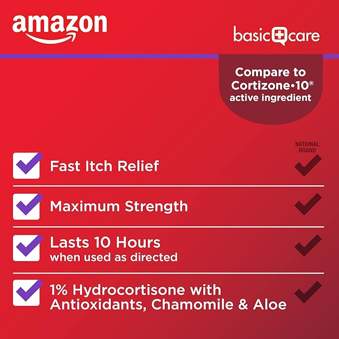 Amazon Basic Care Maximum Strength Anti-Itch Cream, Hydrocortisone 1 Percent Intensive Healing Formula, Itch Relief For Bug Bites, Eczema, Psoriasis, Poison Ivy, Oak and Sumac, 1 ounce (Pack of 1)