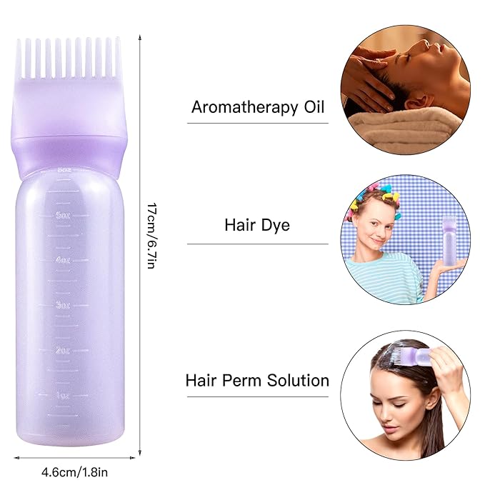 Root Comb SIMPLE GRIP Applicator Bottles, 6 Ounce, Oil Applicator with Graduated Scale (2 Pack, Purple)