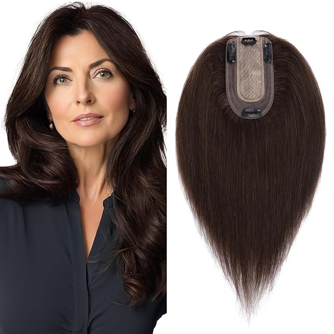 SEGO Real Human Hair Topper for Women, No Bangs Hair Topper with Anti-Slip Clips (14 Inches Dark Brown)