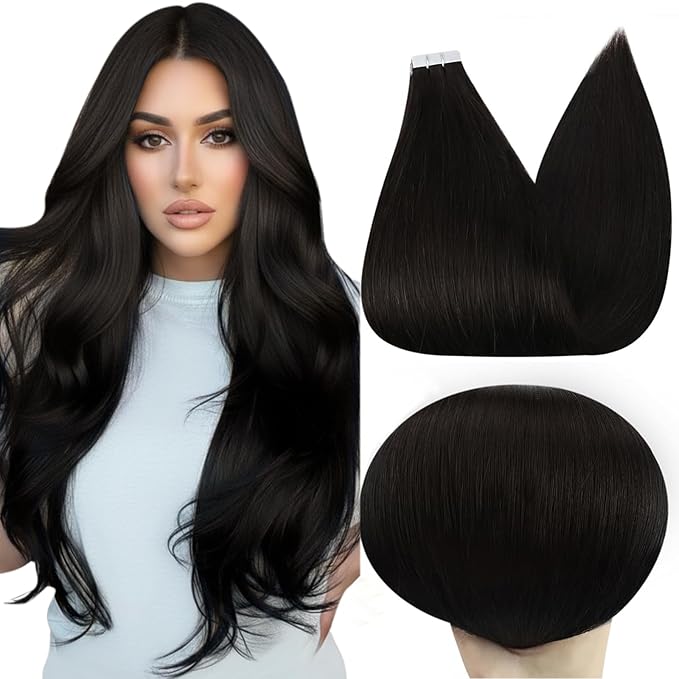 Full Shine Tape in Hair Extensions 22 Inch Long Tape in Extensions Color 1B Off Black Double Sided Adhesive Tapes Black Hair Extensions 50G Seamless Remy Human Hair 20Pcs Natural Straight for Women