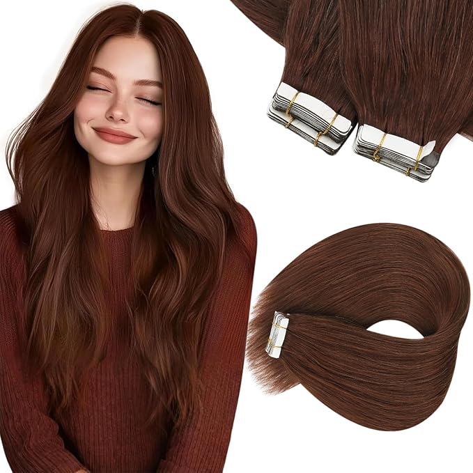 Sunny Hair Tape in Hair Extensions Human Hair, 18inch 40Pcs Auburn Brown Human Hair Tape in Extensions Remy Invisible Tape ins Human Hair Extensions Straight