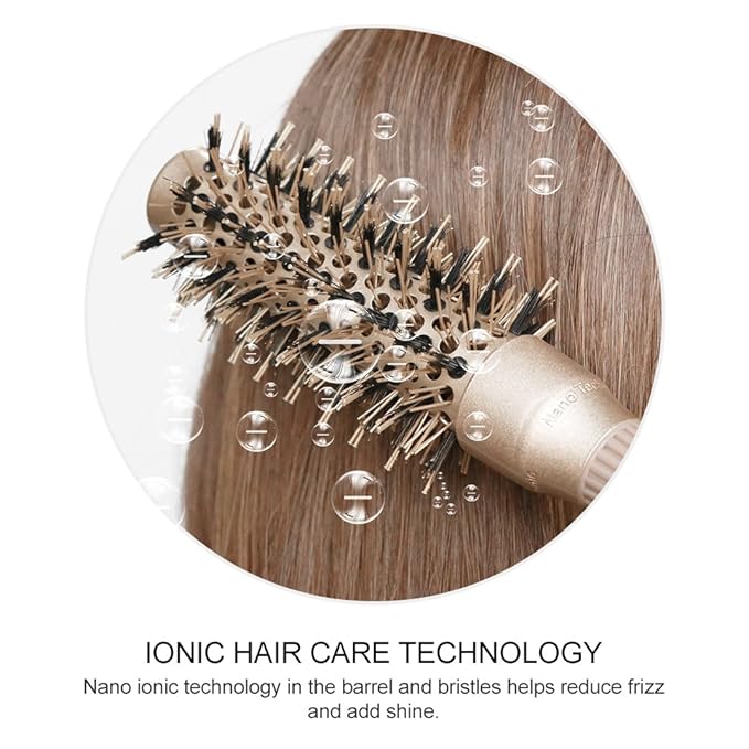 Round Brush with Boar Bristles, 1 inch Barrel, Nano Thermal Ceramic Ionic Tech for Straightening and Blow Drying, Gold