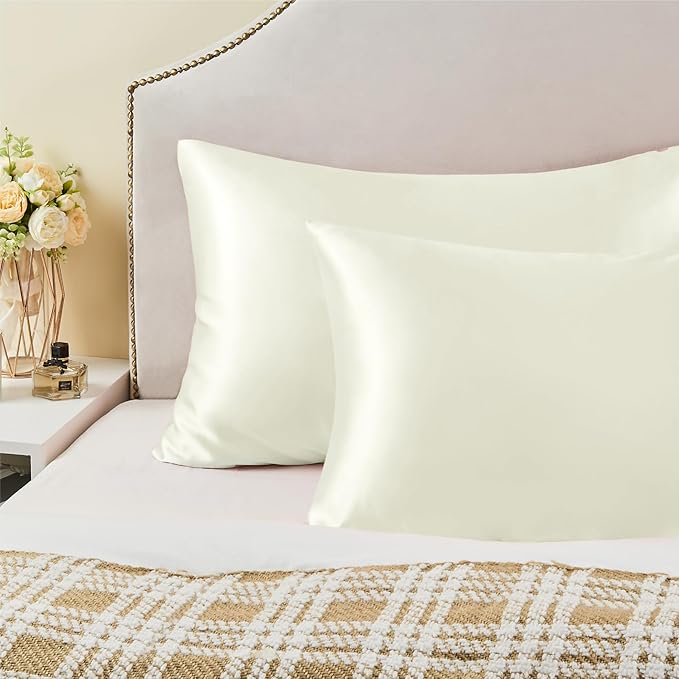BEDELITE Satin Pillowcase with Zipper, Ivory King Size Pillow Cases Set of 2, Super Soft and Cooling Similar to Silk Pillow Cases, Gift for Women Men(20x40 Inches)