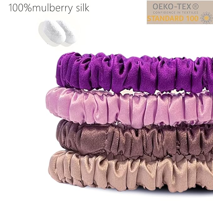 Suncdelv Silk,100% Silk Scrunchies for Hair,22 Momme Hair Ties for Anti-Crease & Breakage,Natural Women Hair Accessories，Fashion Hairbands 4PCS（Purple series）