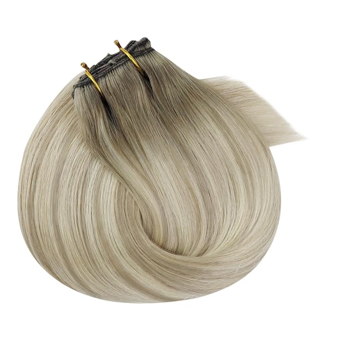 Ve Sunny Clip in Hair Extensions Ombre Remy Hair Extensions Clip in Extensions Real Human Hair for Women Short Ash Grey Balayage Platinum Blonde 5pcs 80g 12 inch