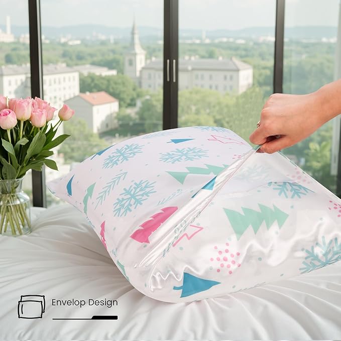Christmas Tree Satin Pillowcase for Hair & Skin Care, Standard Size Set of 2 - Luxurious Satin Pillow Cover with Envelope Closure(20x26 Inches)