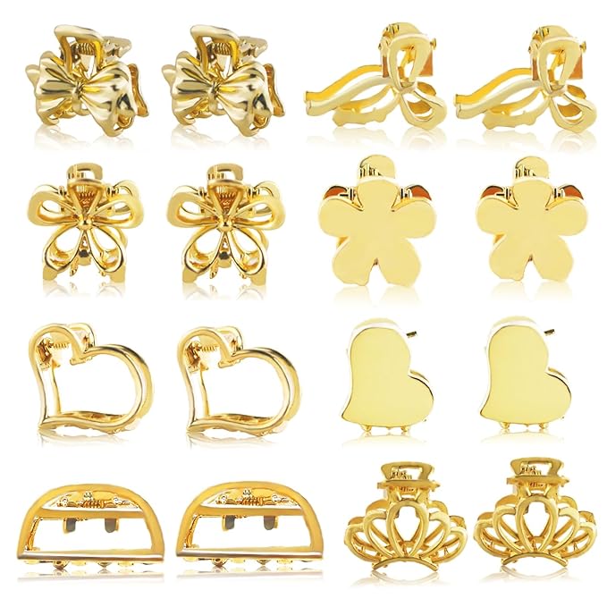 16Pcs Mini Hair Claw Clips, Gold Silver Small Metal Bangs Claw Clips Jaw Clamps for Long Thin Hair, Tiny Cute Flower Barrettes for Women(Gold)