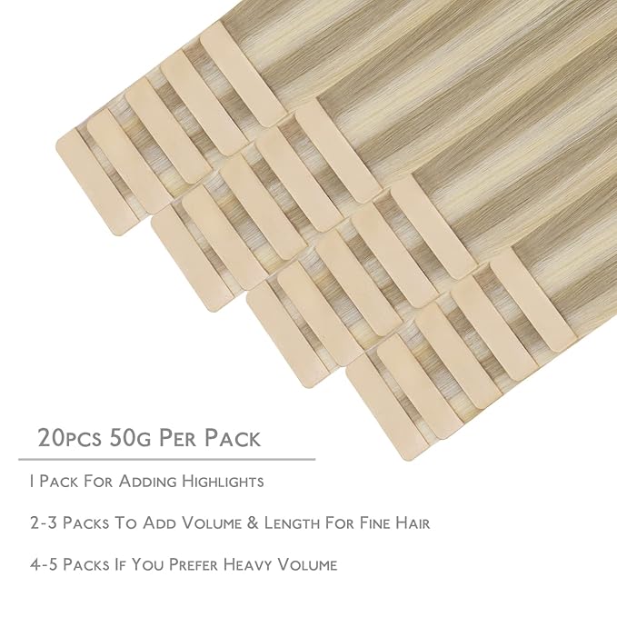 WENNALIFE Tape in Hair Extensions Human Hair, 20pcs 18 inch 50g Ash Blonde to Golden Blonde and Platinum Blonde Remy Tape Hair Extensions Real Human Hair Tape Extensions Coloured Hair Extensions