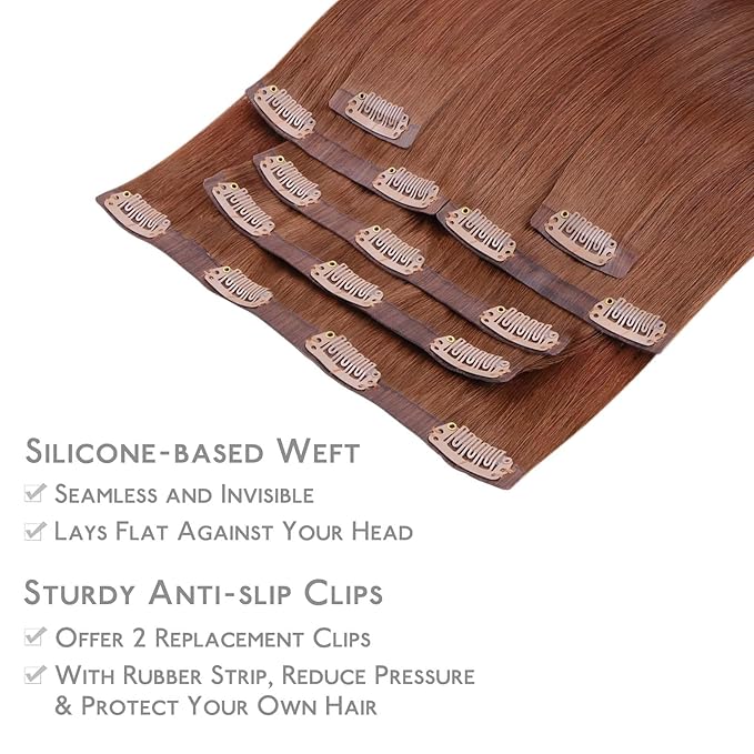 WENNALIFE Seamless Clip In Hair Extensions Human Hair, 18 Inch 130g 7pcs Dark Auburn Copper Real Hair Extensions Clip in Human Hair Invisible PU Skin Weft Natural Remy Human Hair Extensions