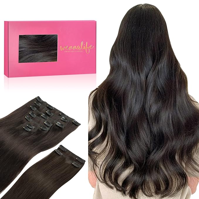 WENNALIFE Clip in Hair Extensions, 150g 16 Inch 9pcs Dark Brown Remy Hair Thicker Double Weft Extensiones De Cabello Humano Con Clip Ins Straight Full Volume