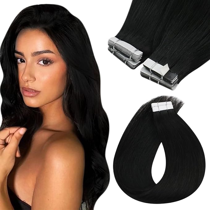 Sunny Hair Tape in Hair Extensions Human Hair 18inch Hair Extensions Real Human Hair Tape in Extensions for Women Solid Black Virgin Hair Natural Straight Skin Weft Double Sided Tapes 20Pcs 50g