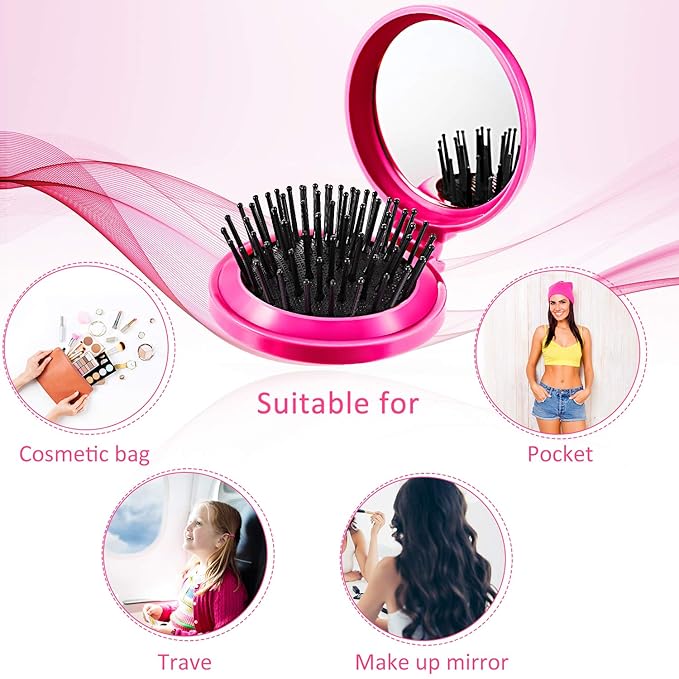 Boao 2 Pack Foldable Travel Mirror Hair Brushes Round Portable Folding Pocket Hair Brush Mini Comb Compact Travel Size Massage Comb for Men Women (Purple, Rose Red)