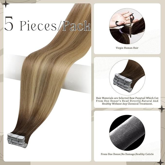 Full Shine Seamless Inject Tape in Extensions 5Pcs Virgin Tape Hair Color 3/8/22 Real Human Hair Extensions Invisible Tape in Hair Extensions Remy Human Hair for Women 22 Inch 12.5 Gram