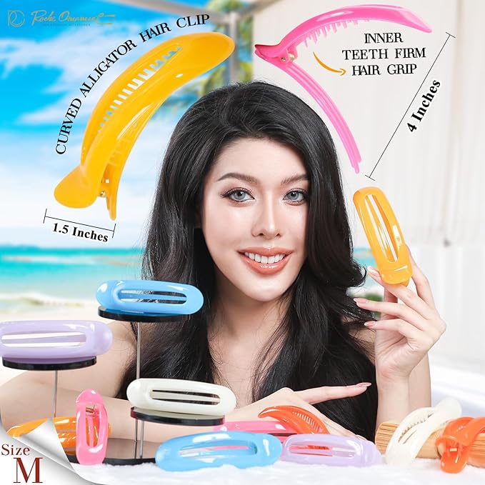 RC ROCHE 6 Pcs Flat Claw Hair Clips for Women Alligator French Barrette Long Thick Hair Duckbill Curved No Slip Grip Lay Flat Side Slide Firm Classic Styling, Medium Jelly Candy Multicolor